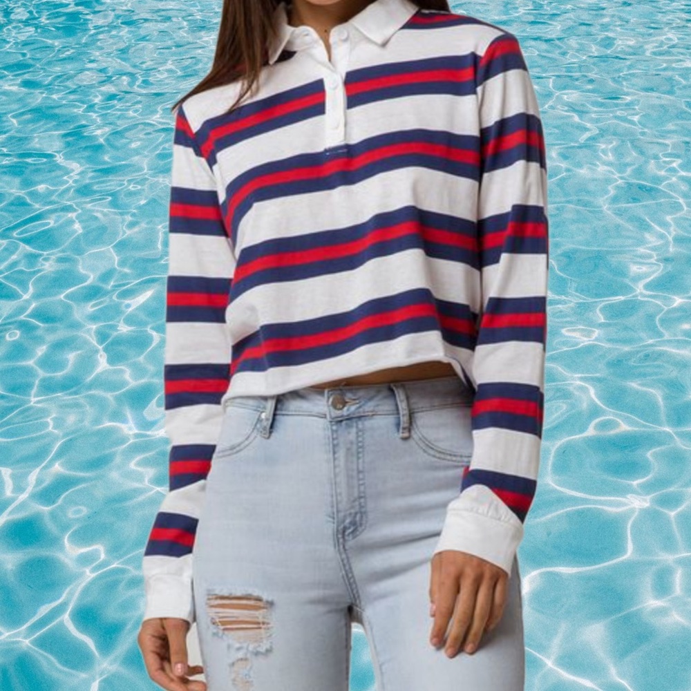 Full Tilt Women’s Red, White, and Blue Striped Crop Polo Shirt size xs